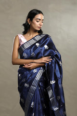 Navy Blue Dupion Silk Banarasi Saree with Floral Meenakari Motif