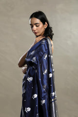 Navy Blue Dupion Silk Banarasi Saree with Floral Meenakari Motif