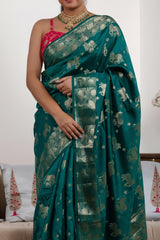 Rama Green Chiniya Silk Saree with Pichwai Kamdhenu Motifs