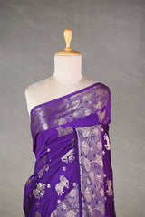 Purple Chiniya Silk Saree with Pichwai Kamdhenu Motifs