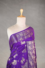 Purple Chiniya Silk Saree with Pichwai Kamdhenu Motifs