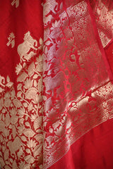 Red Chiniya Silk Saree with Pichwai Motifs