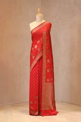Red Handloom Chiniya Silk Saree with Antique Zari Floral Buta and Woven Border