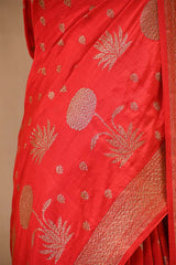Red Handloom Chiniya Silk Saree with Antique Zari Floral Buta