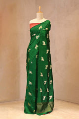 Green Banarasi Chiniya Silk Saree with Gold Zari Aghanya Motifs and Red Contrast Blouse