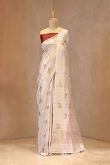 White Banarasi Chiniya Silk Saree with Gold Zari Aghanya Motifs and Red Contrast Blouse