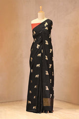 Black Banarasi Chiniya Silk Saree with Gold Zari Aghanya Motifs and Red Contrast Blouse