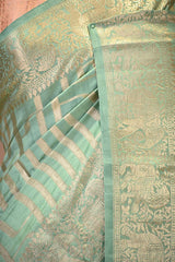 Aqua Blue Chiniya Silk Saree with Gaja and Mayur Motifs