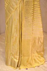 Butter Yellow Chiniya Silk Saree with Watergold Zari Stripes & Gaja Mayur Border