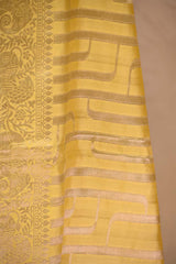 Butter Yellow Chiniya Silk Saree with Watergold Zari Stripes & Gaja Mayur Border