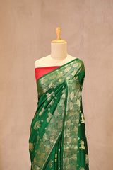Green Chiniya Silk Saree with Pichwai Kamdhenu Motifs