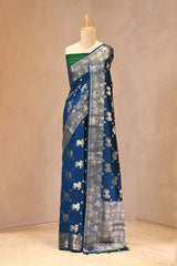 Cobalt Blue Chiniya Silk Saree with Water Gold Zari Kamdhenu Motifs and Lotus Border