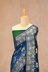 Cobalt Blue Chiniya Silk Saree with Pichwai Kamdhenu Motifs