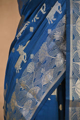 Cobalt Blue Chiniya Silk Saree with Pichwai Kamdhenu Motifs