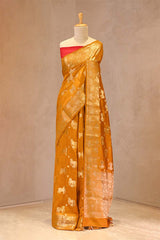 Mustard Yellow Chiniya Silk Saree with Pichwai Kamdhenu Motifs