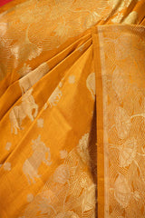 Mustard Yellow Chiniya Silk Saree with Pichwai Kamdhenu Motifs