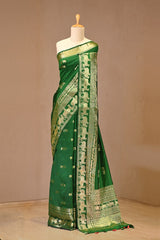 Green Chiniya Silk Saree with Meenakari Buti
