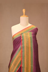 Wine Chiniya Silk Saree with Zari Stripes