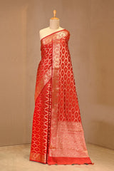 Red Chiniya Silk Saree with Zari Geometric Jaal