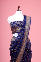 Navy Blue Geometrical Woven Crepe Banarasi Saree
