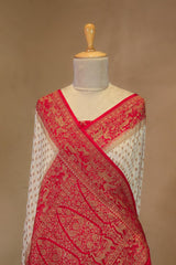 Off-White Shikargah Woven Crepe Saree with Red Pallu And Border