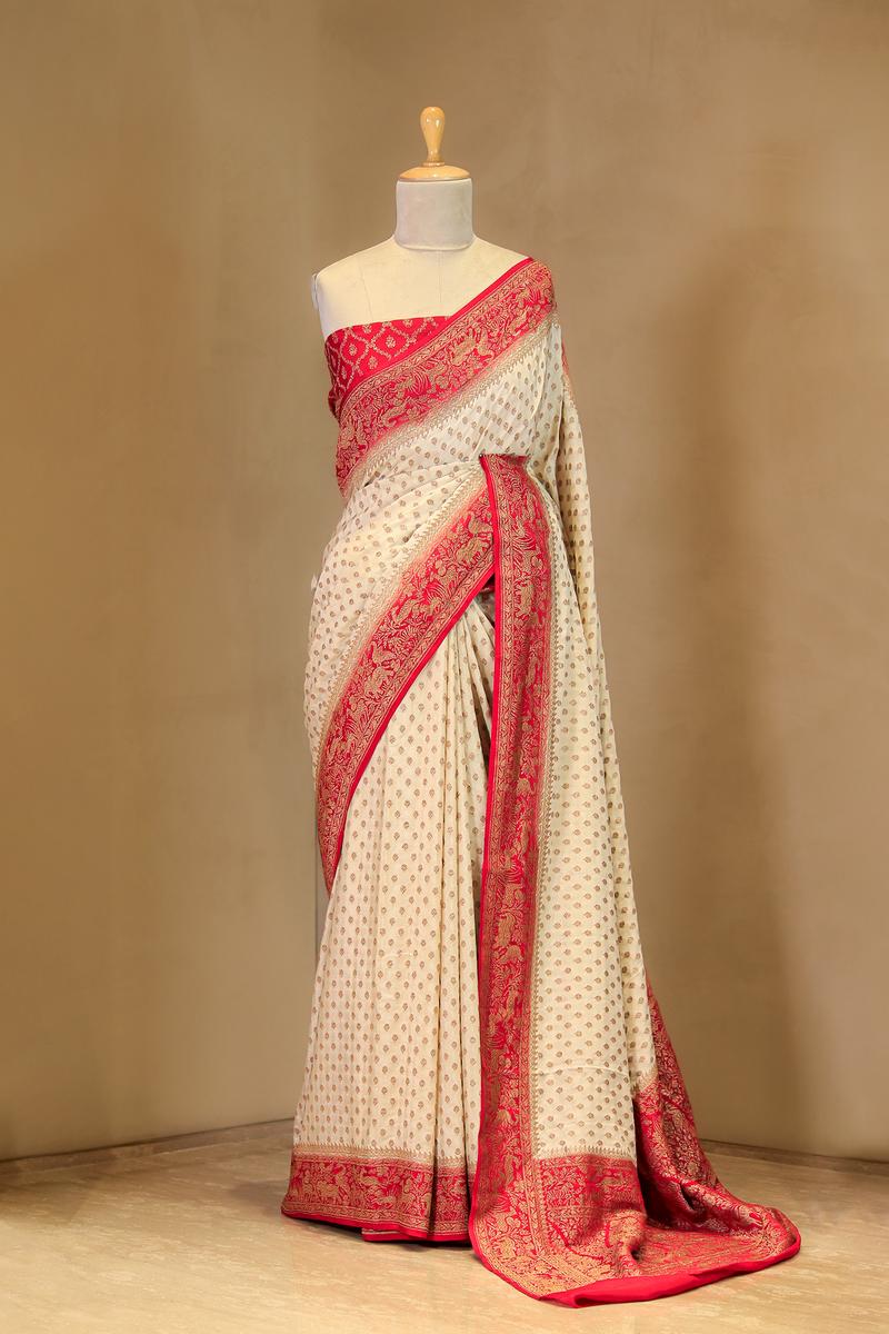Off-White Shikargah Woven Crepe Saree with Red Pallu And Border