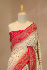 Off-White Shikargah Woven Crepe Saree with Red Pallu And Border