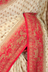 Off-White Shikargah Woven Crepe Saree with Red Pallu And Border