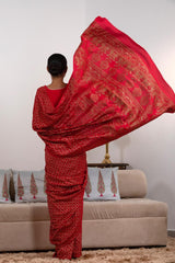 Red Crepe Banarasi Khaddi Saree with Floral Pallu