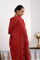 Red Crepe Banarasi Khaddi Saree with Floral Pallu