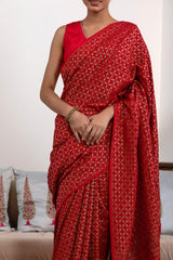 Red Crepe Banarasi Khaddi Saree with Floral Pallu