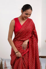 Red Crepe Banarasi Khaddi Saree with Floral Pallu