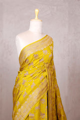 Olive Yellow Pichwai Crepe Khaddi Banarasi Saree