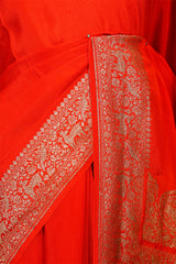 Reddish Orange Handloom Crepe Saree with Shikargah Zari Work