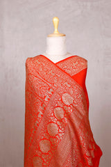 Reddish Orange Handloom Crepe Saree with Shikargah Zari Work