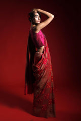 Red Khaddi Crepe Saree with Bandhani Antique Zari Work