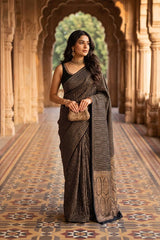 Black Handloom Crepe Khaddi Silk Saree with Antique Zari Stripes