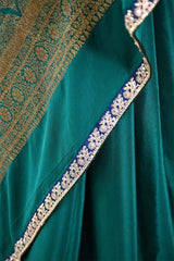 Bottle Green Crepe Silk Saree with Antique Zari Floral Border and Lace