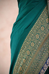 Bottle Green Crepe Silk Saree with Antique Zari Floral Border and Lace