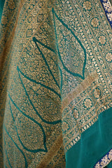 Bottle Green Crepe Silk Saree with Antique Zari Floral Border and Lace