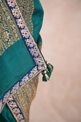 Bottle Green Crepe Silk Saree with Antique Zari Floral Border and Lace