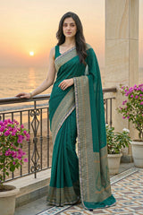Bottle Green Crepe Silk Saree with Antique Zari Floral Border and Lace