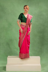 Magenta Pink Crepe Silk Saree with Antique Zari Floral Border and Lace