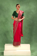 Magenta Pink Crepe Silk Saree with Antique Zari Floral Border and Lace