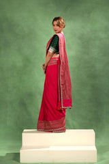 Magenta Pink Crepe Silk Saree with Antique Zari Floral Border and Lace