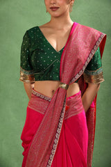 Magenta Pink Crepe Silk Saree with Antique Zari Floral Border and Lace