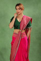 Magenta Pink Crepe Silk Saree with Antique Zari Floral Border and Lace