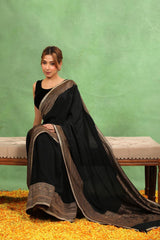 Black Crepe Silk Saree with Antique Zari Floral Border and Lace