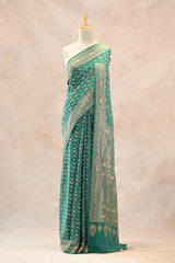 Green Crepe Banarasi Silk Saree with Pichwai Floral Work