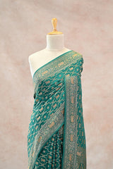 Green Crepe Banarasi Silk Saree with Pichwai Floral Work